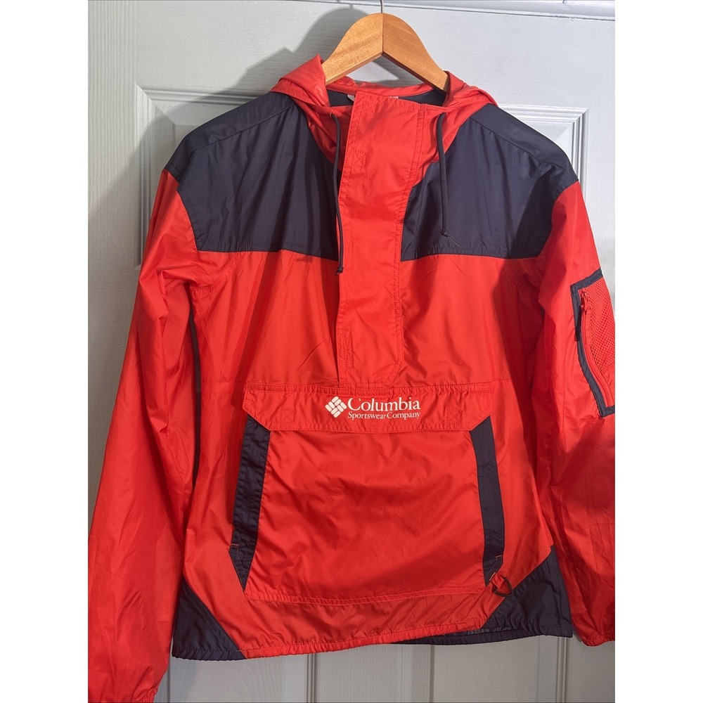 Men's Red and Blue Columbia long sleeved hooded‎ wind breaker Pull over S
